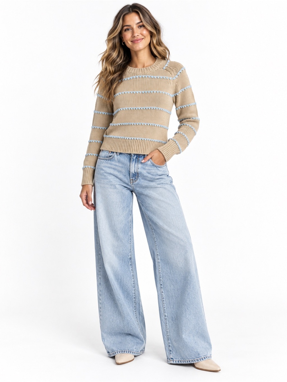 Madewell XS Beige Blue Contrast Stitch Cotton Crewneck Sweater Coastal